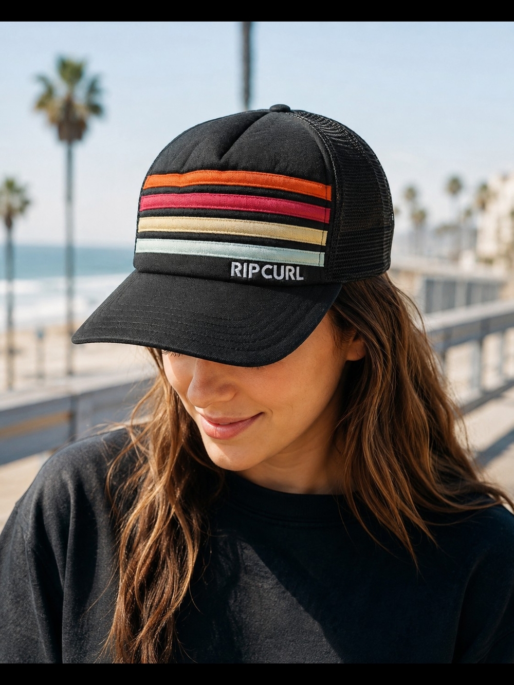 Rip Curl Black Rainbow Stripe Mesh Trucker Hat Snapback Small Fit